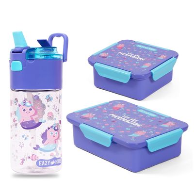 Eazy Kids Lunch Box Set and Tritan Water Bottle w/ Snack Box, Mermaid - Purple, 450ml